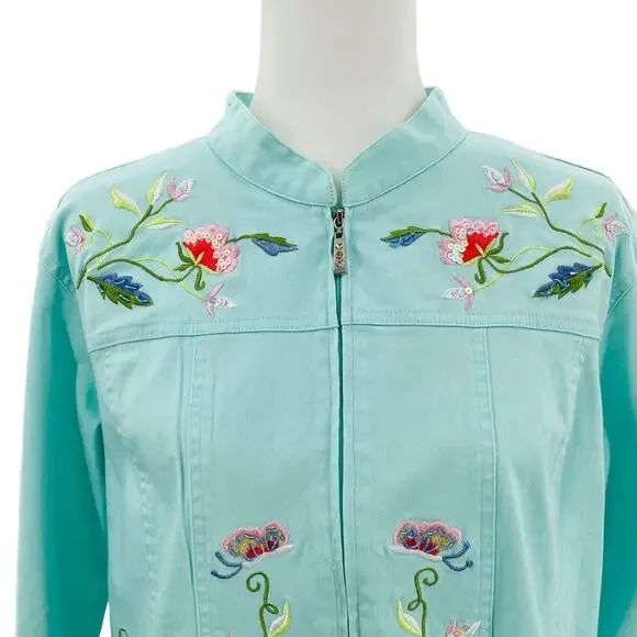 Quacker Factory Aqua Blue Floral Multicolor Embroidery Mock Neck Jacket Women 1X - Picture 5 of 14